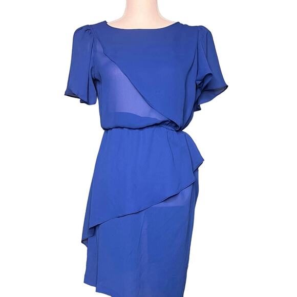 Vintage 70s Sheena Size XS Blue Sheer Chiffon Dress Ruffle Peplum Disco Career - Picture 11 of 12